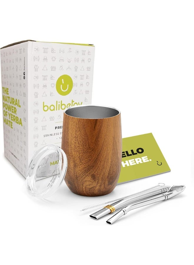 BALIBETOV Premium Stainless Steel Yerba Mate Gourd Set, 5 Pcs Including 12 oz Gourd with Lid, 2 Bombillas, Cleaning Brush | BPA Free, Insulated - Image 1
